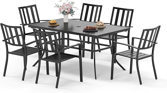Round Patio Table and Chairs Set, Outdoor Dining Set for 6, 7 Piece Metal Patio Furniture