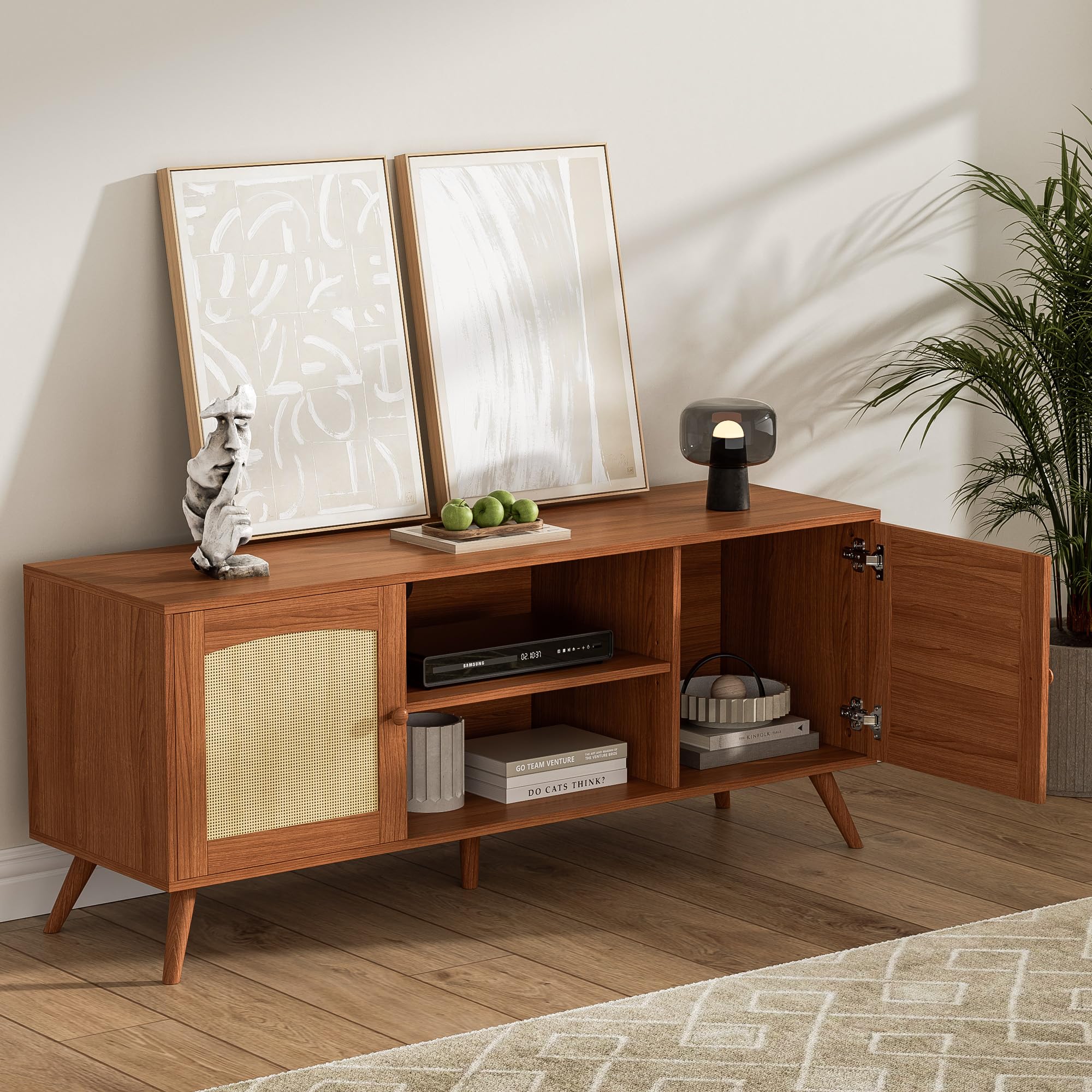 Brown Rattan TV Stand for 60 Inch TV, Wooden Mid Century Modern Entertainment Center