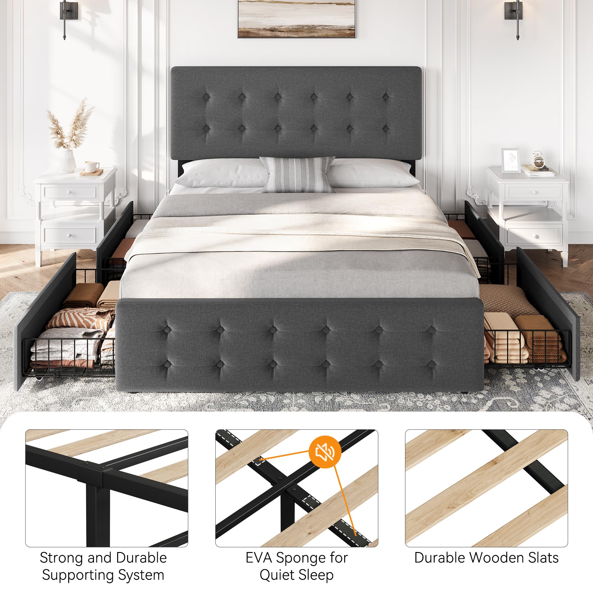 Idealhouse Upholstered Bed Frame with 4 Drawers & Adjustable Tufted Headboard