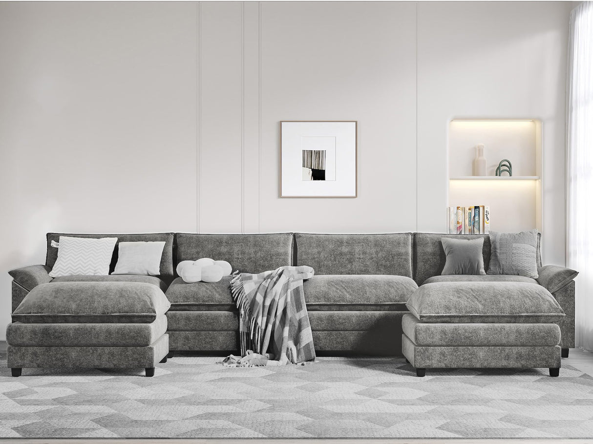 Modern Convertible Sofa U Shaped Couch, Fabric 6 Seat Sofa Set