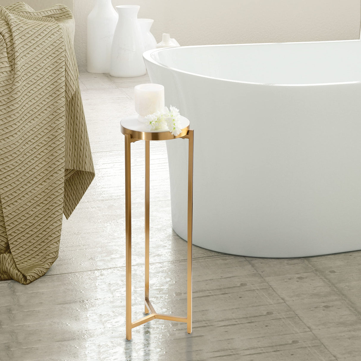 Aguilar Modern Drink Table, 9 x 9 x 23, White and Gold, Genuine Marble Accent Table