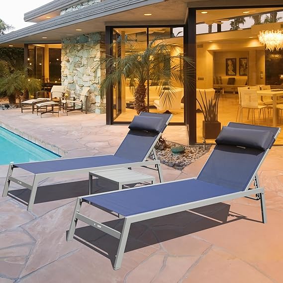 Patio Chaise Lounge Set -3 Pieces Aluminum Adjustable Pool Lounge Chairs