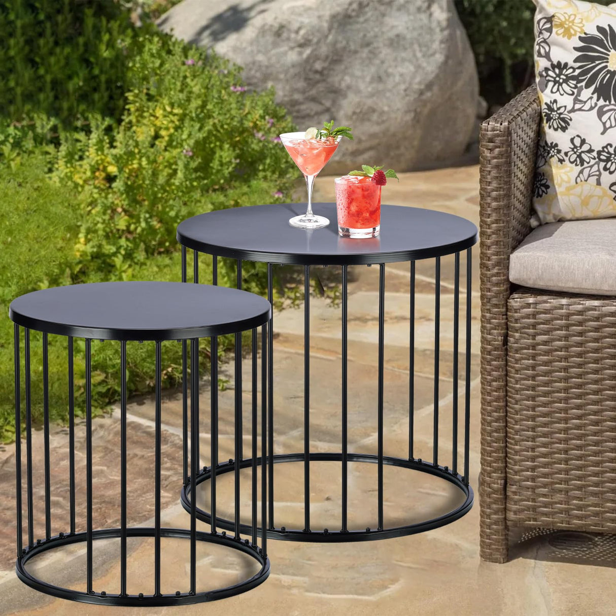 SUNNYPARK Outdoor Side Table Set of 2, Metal Circle Accent End Tables for Balcony Backyard Garden Indoor Living Room, Durable Black Nesting Coffee Tables, 20”+16” Dia - Bircata