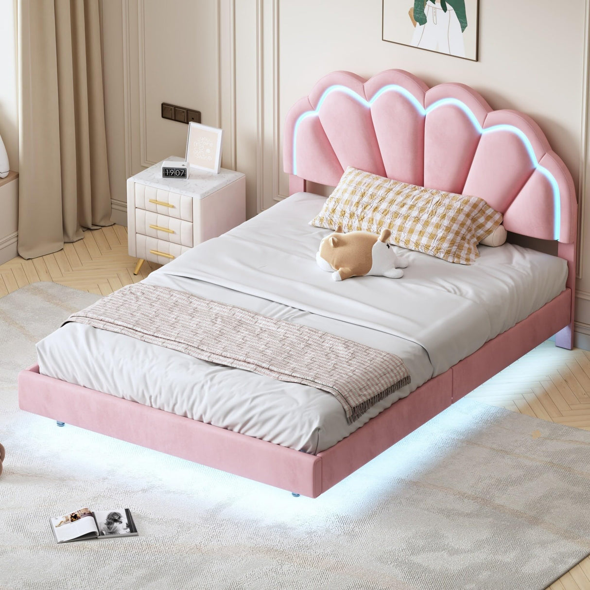 Velvet Platform LED Bed with Wooden Slats Support Pink - Full