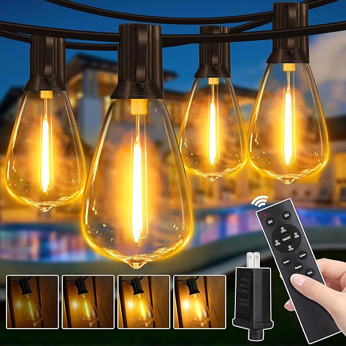 Dimmable with Remote, 100 FT Outdoor Lights with 2 Timer and 3 Mode, Waterproof &