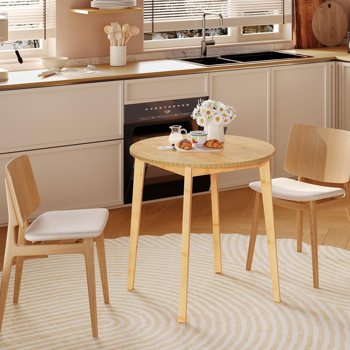 Round Bamboo Dining Table for 2 - 27.5" Compact Kitchen Table for Small Spaces