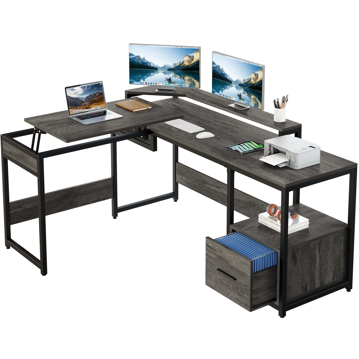 Shaped Desk with Lift Top, 65" Adjustable Standing Desk with File Drawer, Corner Computer Desk with Storage Shelves,Home Office Desk, Grey