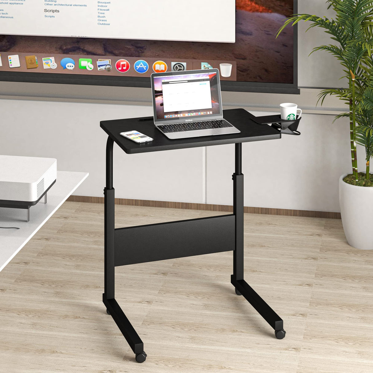 Standing Desk Adjustable Height, Stand Up Desk with Cup Holder, Portable Laptop Desk, Mobile, Small Computer Desk, Bedside Table, Black Rolling Desk, Work Desk for Home Office