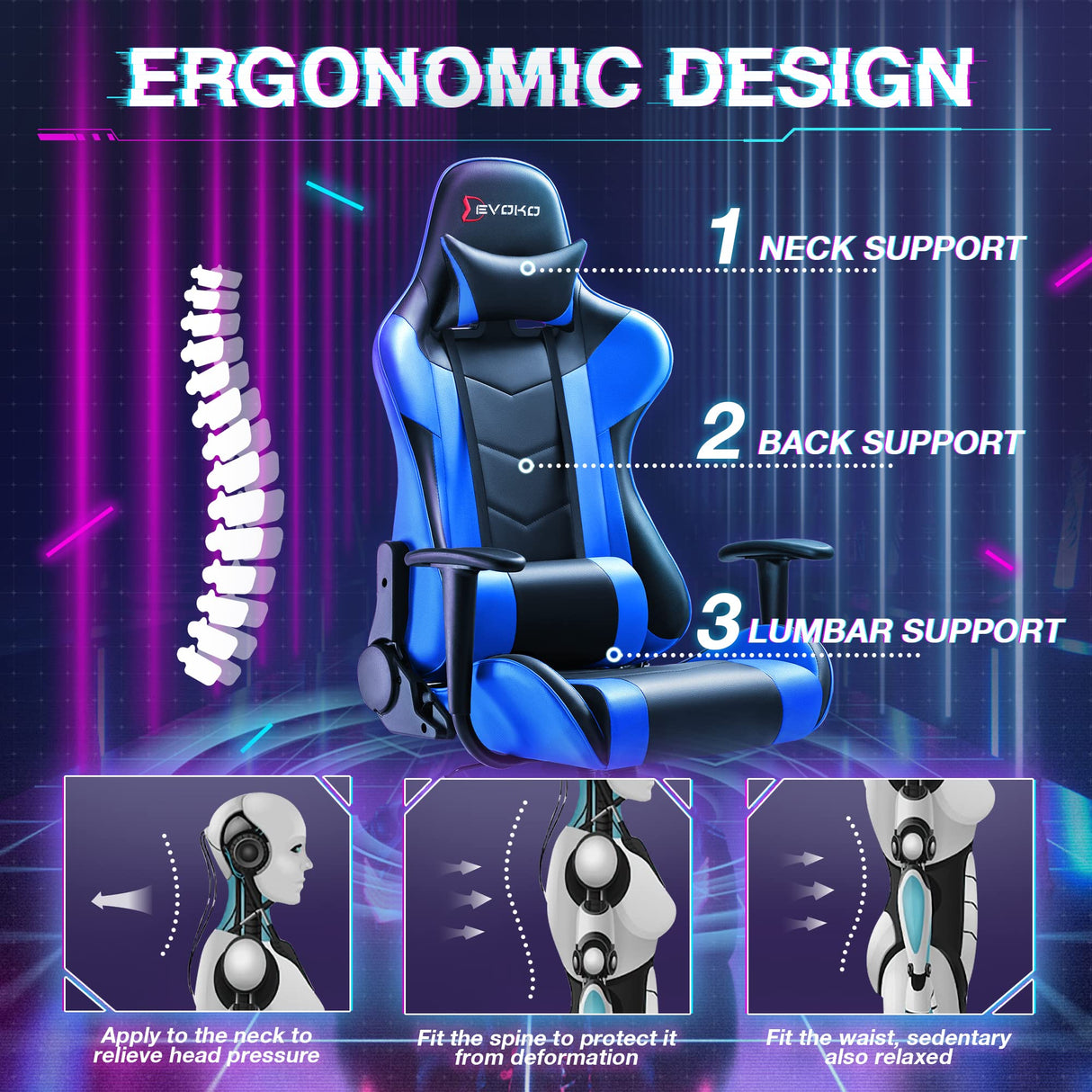 Ergonomic Gaming Chair with Lumbar Support - Blue Racing Style