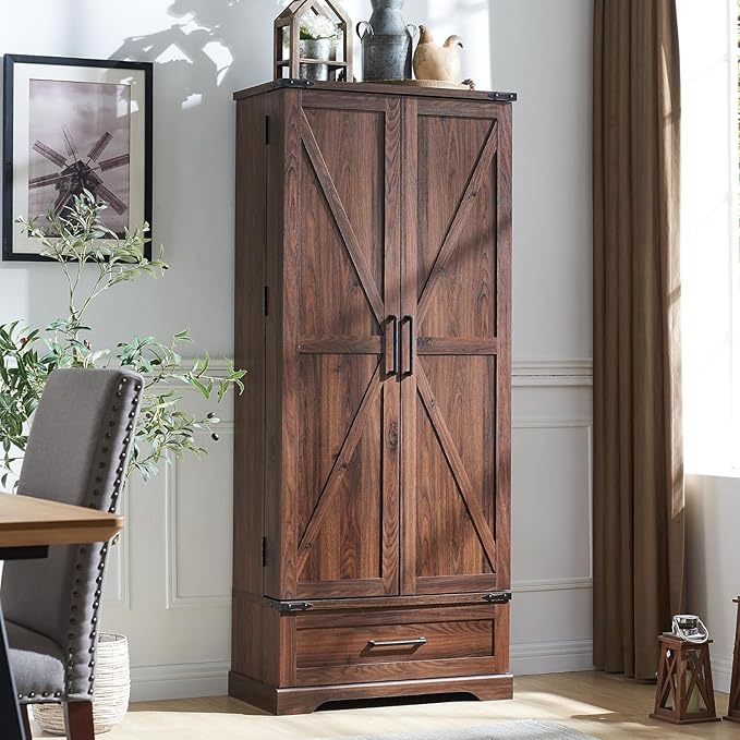 " Farmhouse Kitchen Pantry Cabinet with Drawer, Tall Storage Cabinet with 2 Barn Doors