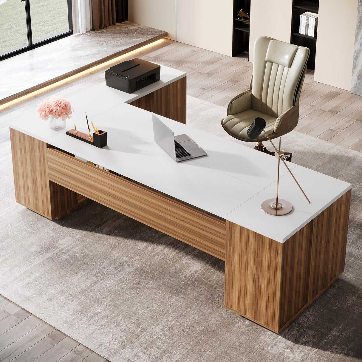 85.8" L-Shaped Executive Desk, Extra Large Office Desk with File Drawers