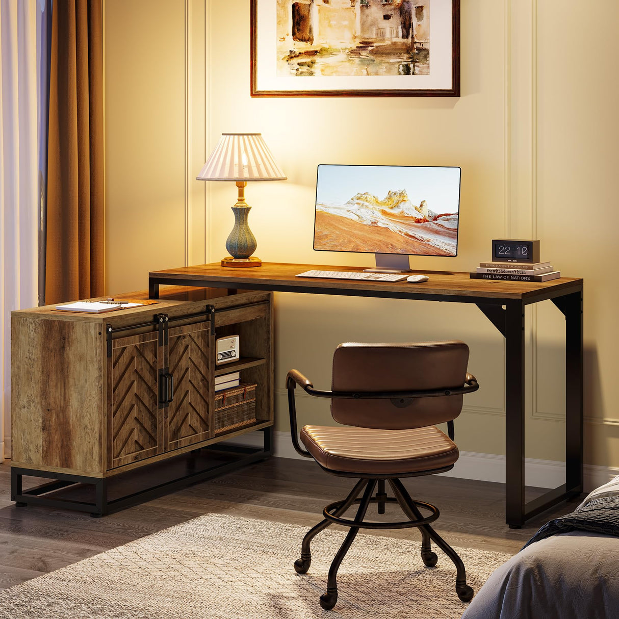 L-Shaped Computer Desk with Cabinet, 53-Inch Farmhouse Corner Desk with Sliding