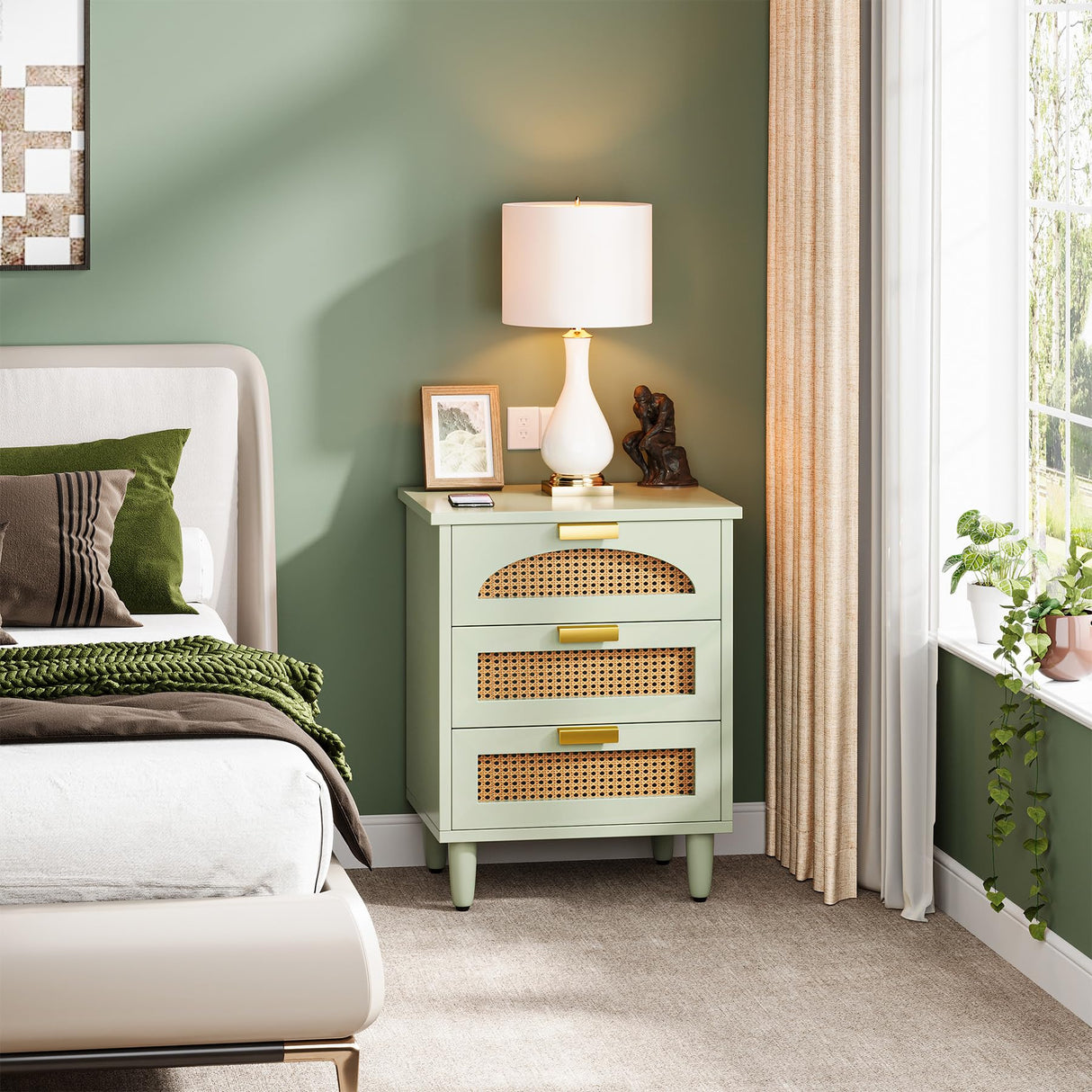 Mint Green Nightstand, 3-Drawer Rattan Night Stand Side Table, Accent Bedside Tables