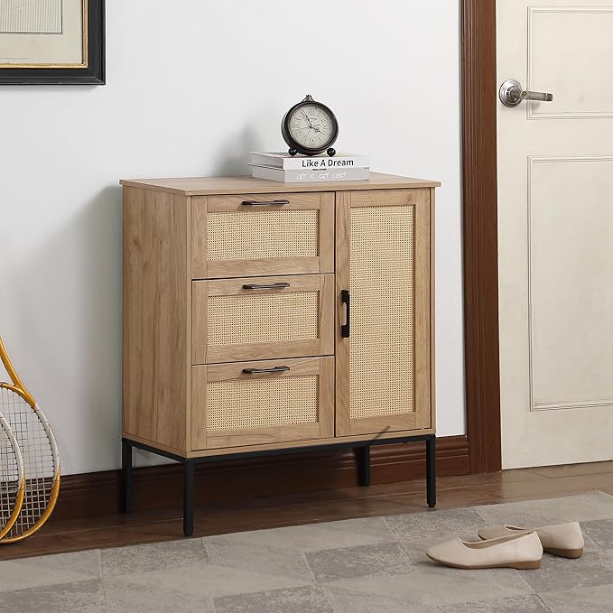 Storage Cabinet, Bathroom Cabinet with Rattan Doors, Bathroom Floor Cabinet with Open