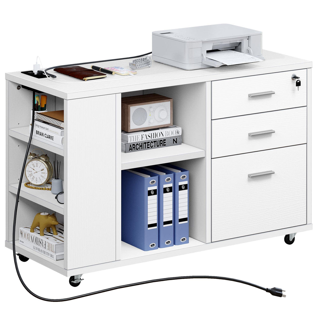 File Cabinet with Charging Station, Mobile Lateral Filing Cabinet with Lock