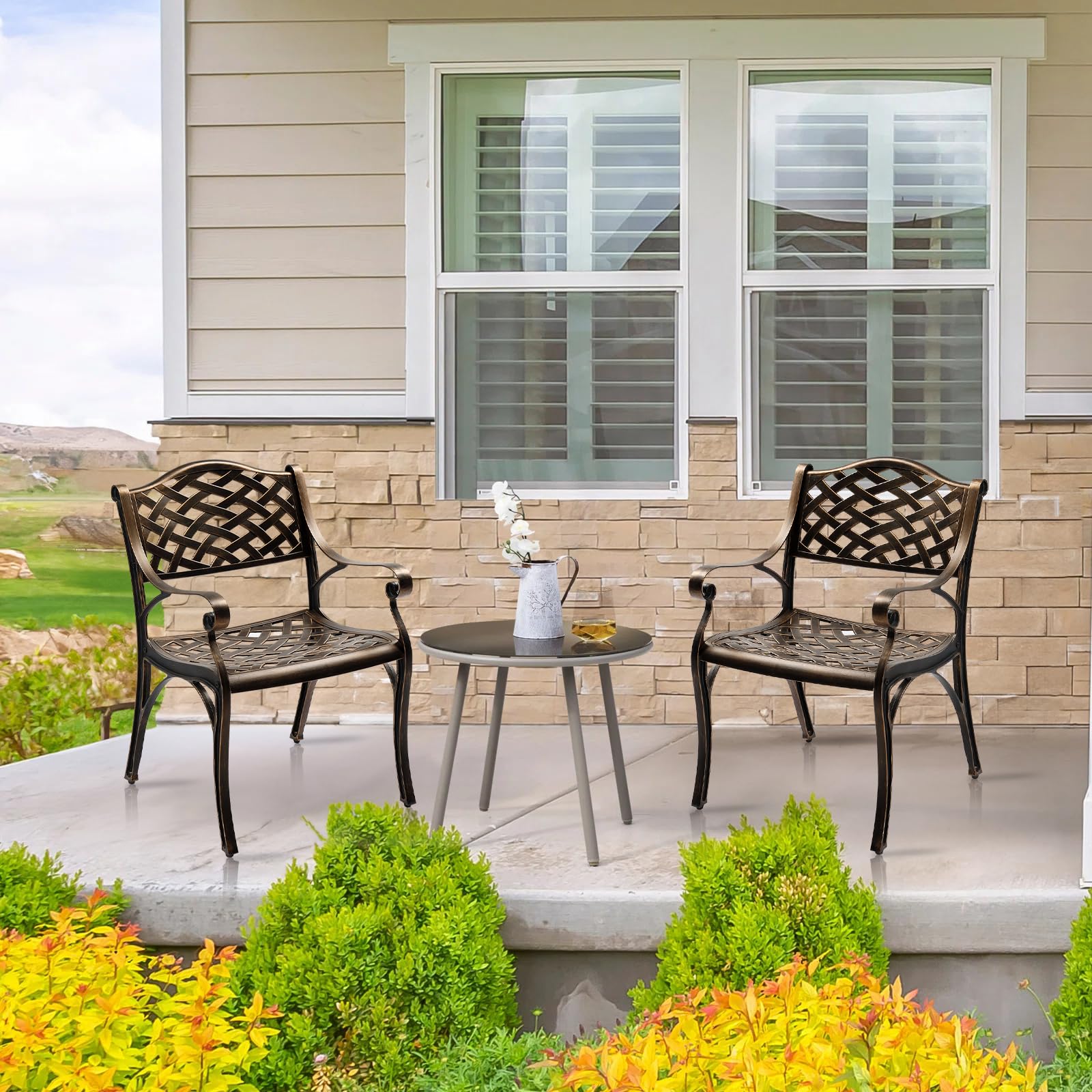 Outdoor Dining Chairs Set of 2, Cast Aluminum Patio Chairs Set with Armrests,