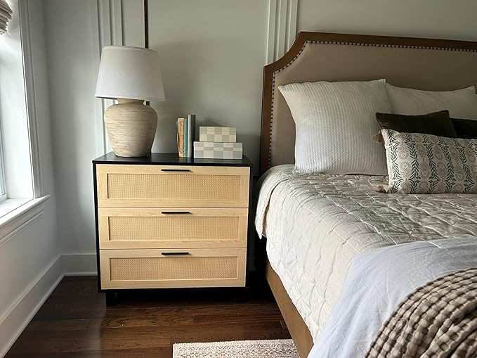 Rattan Nightstand Boho Cabinet Small Dresser