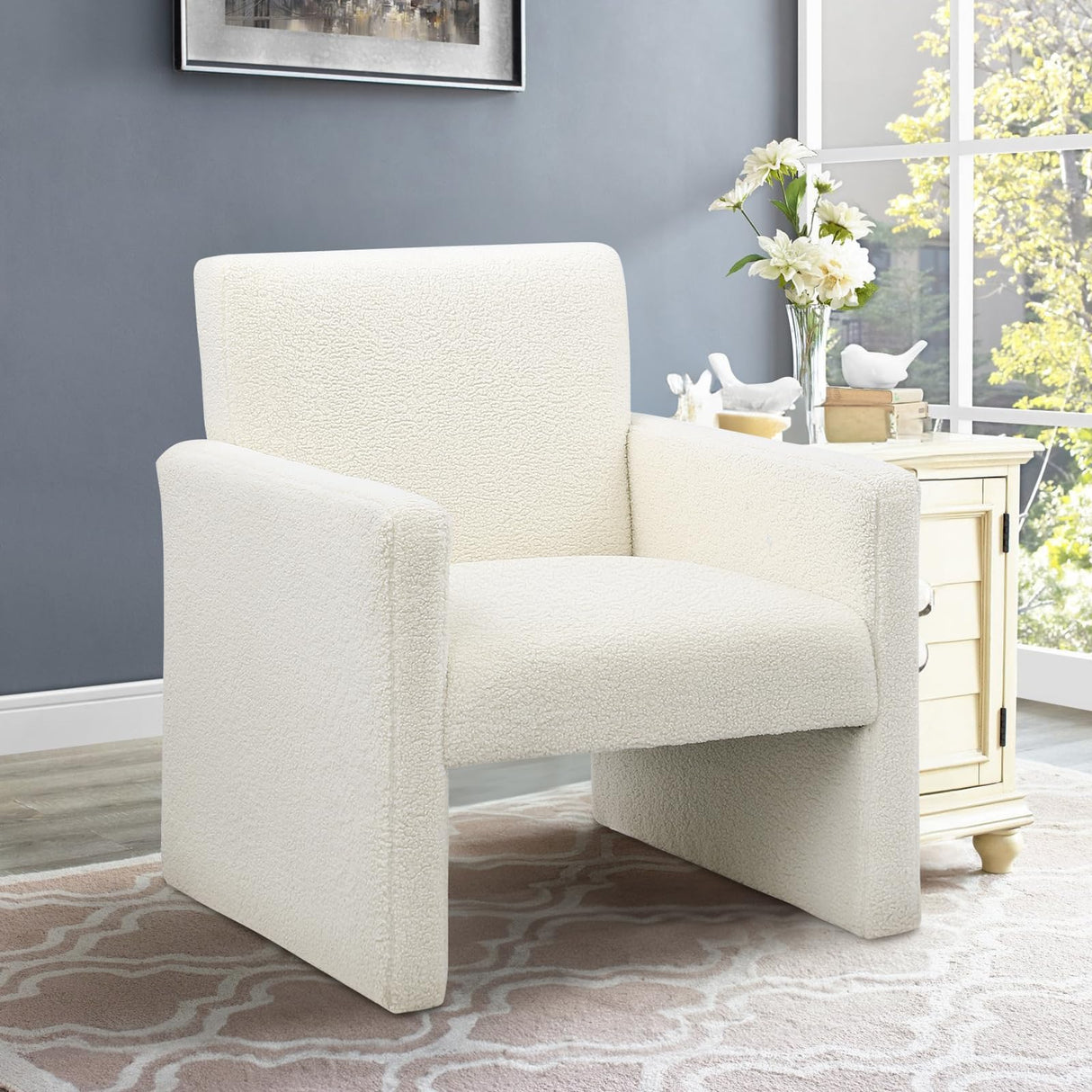 Sherpa Accent Chair Modern White Fluffy Boucle Chair Cozy Teddy Upholstered Armchair