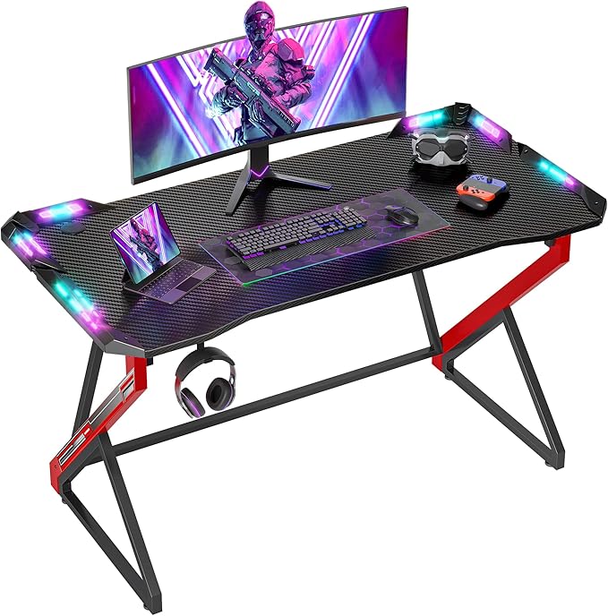 Gaming Desk with LED Lights, 40 Inch Computer Desk Z Shaped Gamer Workstation