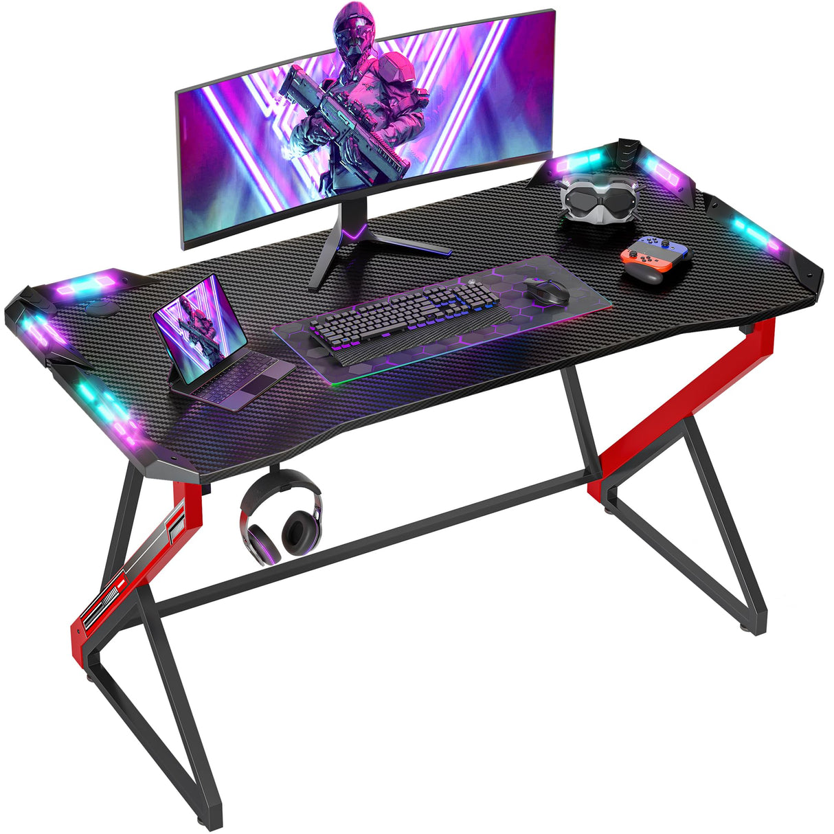 Gaming Desk with LED Lights, 40 Inch Computer Desk Z Shaped Gamer Workstation