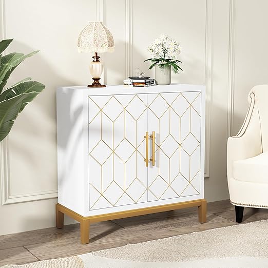 Sideboard Buffet Cabinet with 4 Doors&Shelves, Carved Decorative Accent Storage