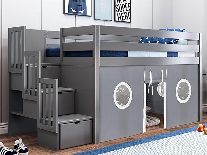Contemporary Low Loft Twin Bed with a 3 Drawer Stairway, Gray with Blue & White Tent