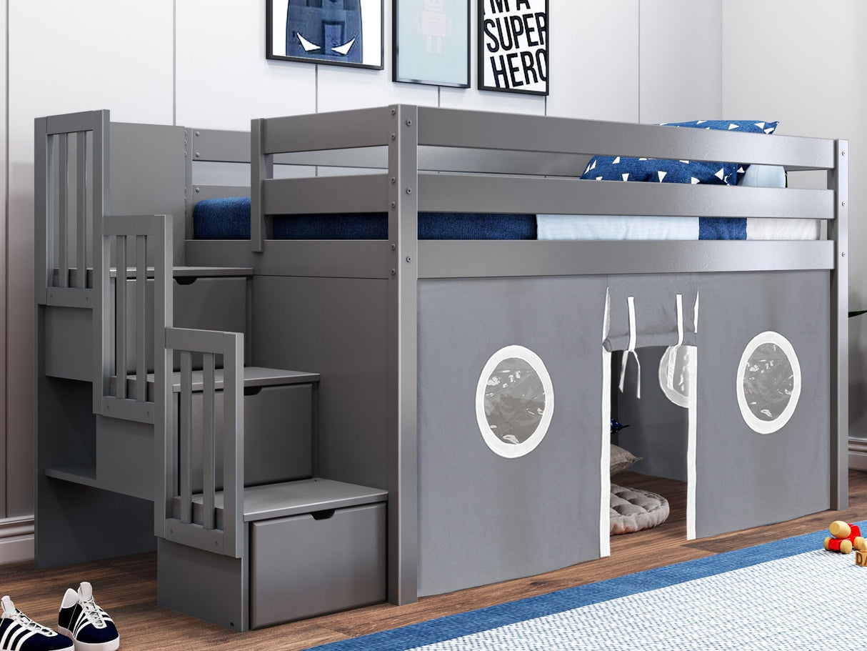 Contemporary Low Loft Twin Bed with a 3 Drawer Stairway, Gray with Gray & White Tent