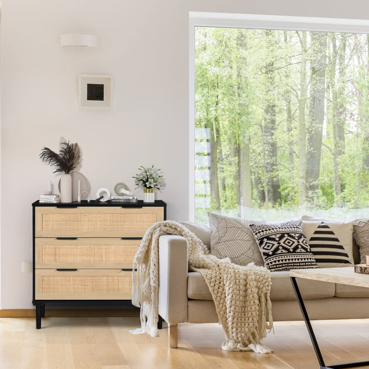 Rattan 3 Drawer Wood Dresser Boho Large Storage Cabinet Nightstand