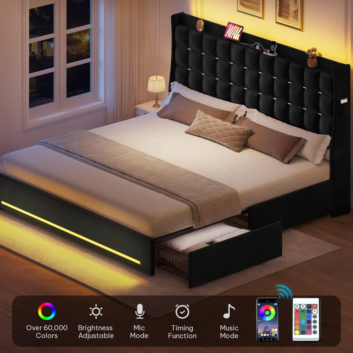 King Size Velvet Platform Bed Frame with LED Lights & Storage Drawers