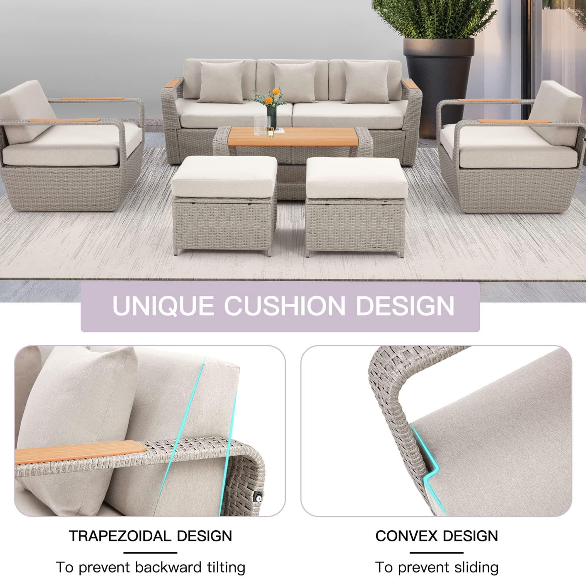 6 Piece Patio Furniture Set, Outdoor Sectional Conversation Rattan Sofa Set