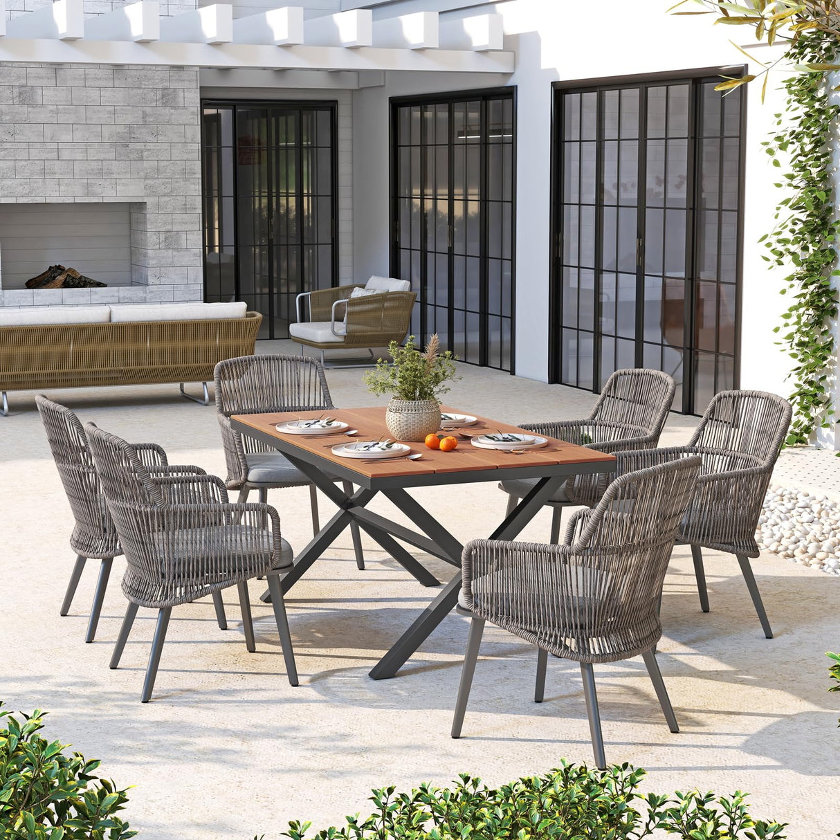 Patio Dining Chairs Set of 4, Woven Rope Outdoor Dining Chairs w/Steel Frame