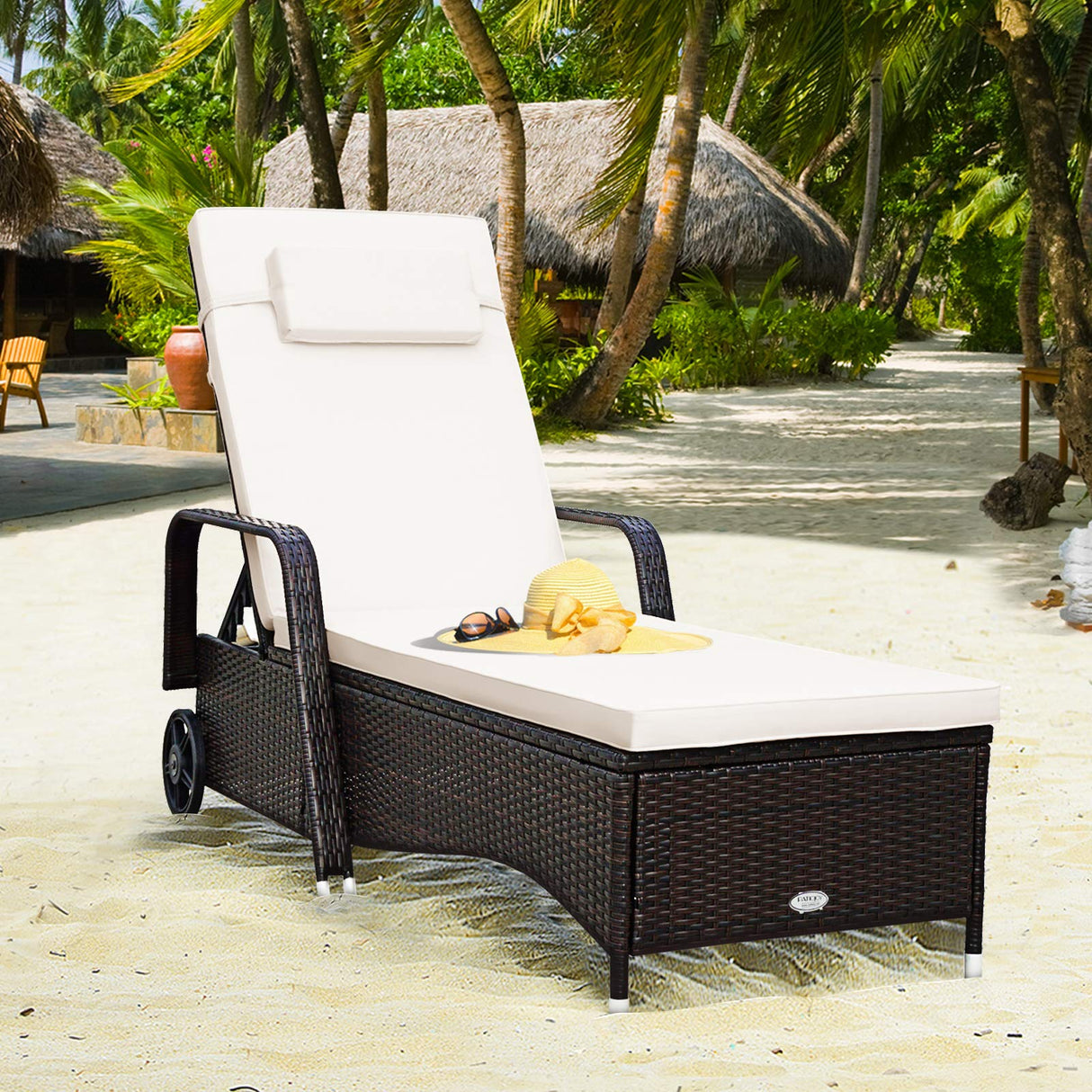 HAPPYGRILL Patio Chaise Lounge Outdoor Rattan Wicker Recliner Lounger Chair with Cushion and Wheels for Balcony Garden Poolside
