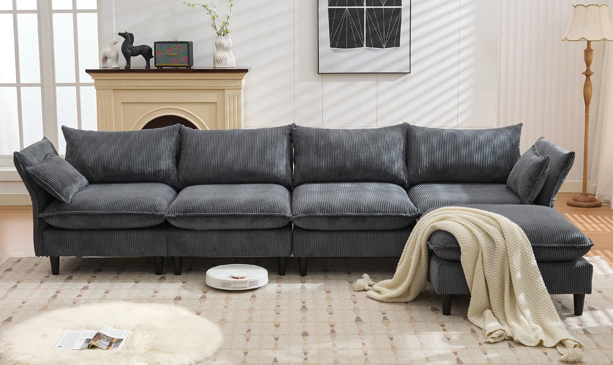 L Shaped Sectional Couch with Removable Ottoman, 5 Seater Modular Sofa