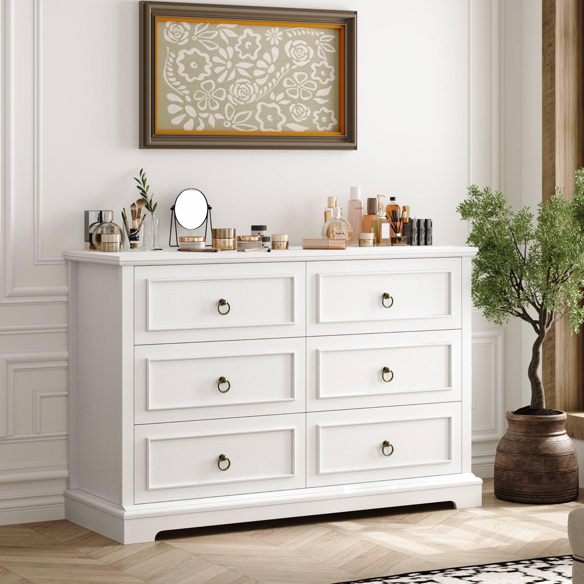 HOSTACK 6 Drawers Dresser for Bedroom, White Dressers & Chests of Drawers, 47.2" Wide Wood Double Dresser, Modern Farmhouse Storage Dressers, 6 Drawer Chest for Living Room, Entryway, Hallway