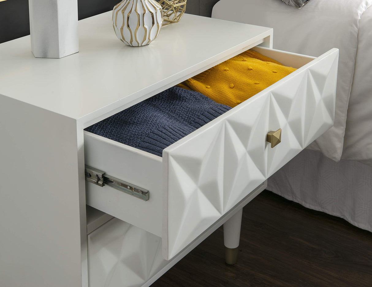 Sheerah Two Drawer Geo Texture White Nightstand