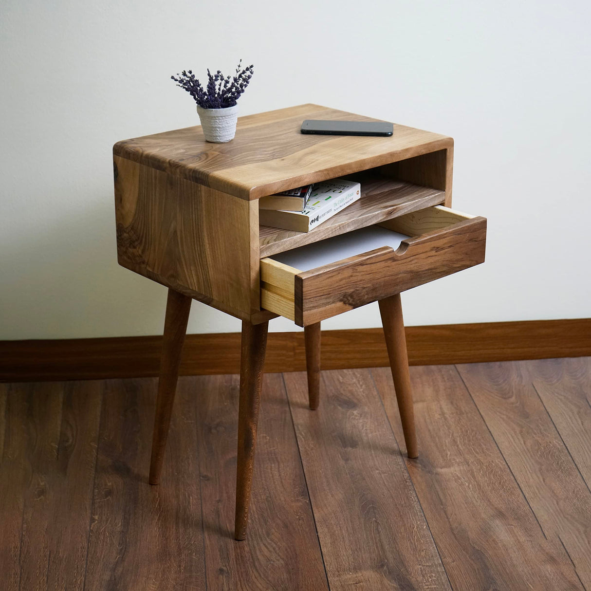 Mid Century Nightstand with Drawer Solid Walnut Bedside Table with Shelf Nightstand