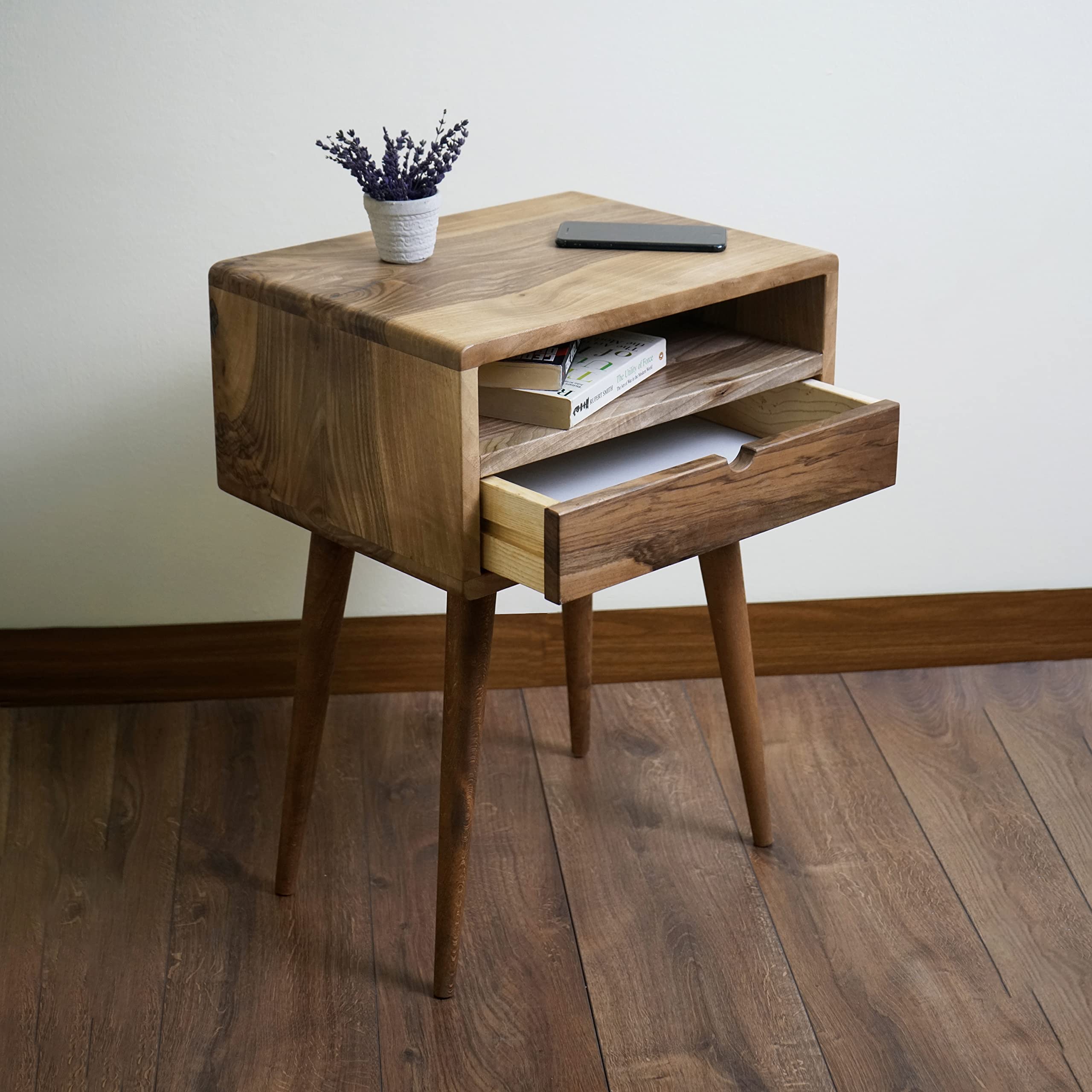 Mid Century Nightstand with Drawer Solid Walnut Bedside Table with Shelf Nightstand