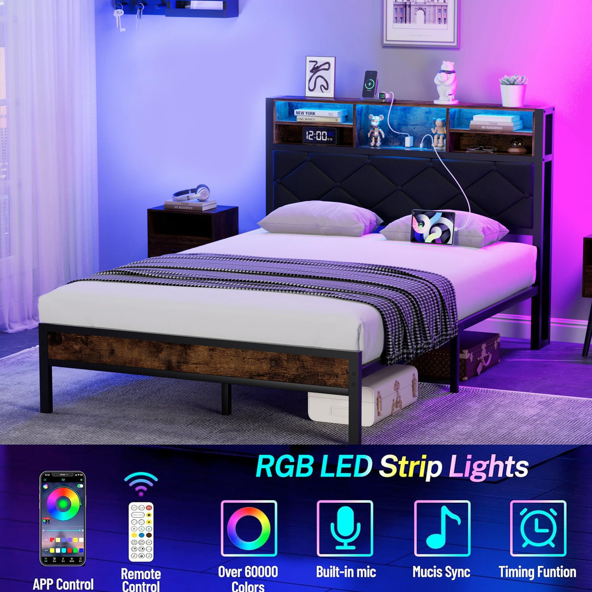 Full Size Metal Bed Frame with LED Lights, USB Charging & Storage