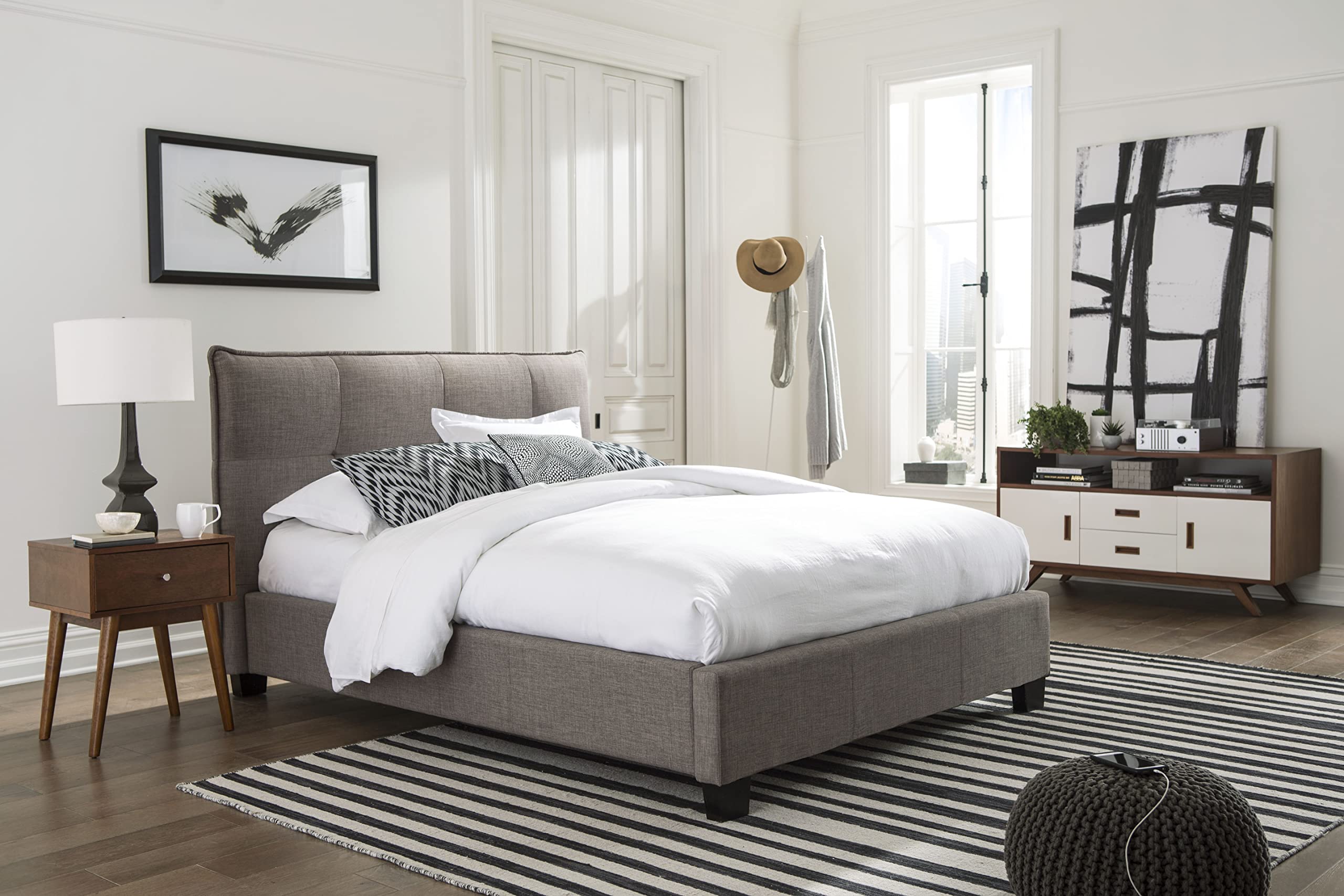 Modus Furniture Solid Wood Upholstered Platform Bed, King, Adona - Dolphin Linen