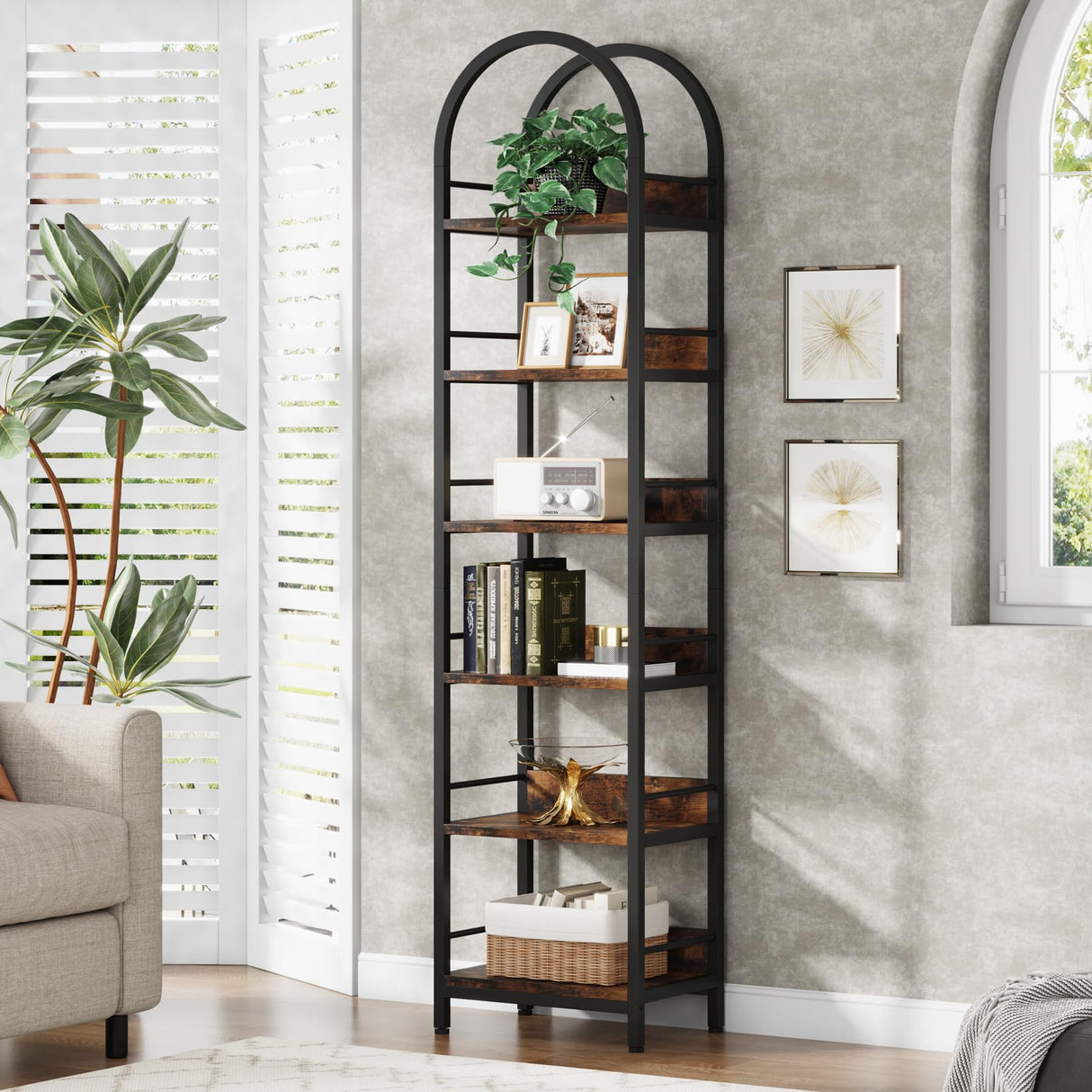 LITTLE TREE 78.7 Inches Tall Arched Bookshelf, 6 Tiers Skinny Open Bookcase with Metal Frame, Freestanding Corner Display Shelves Rack for Living Room, Home Office, Brown