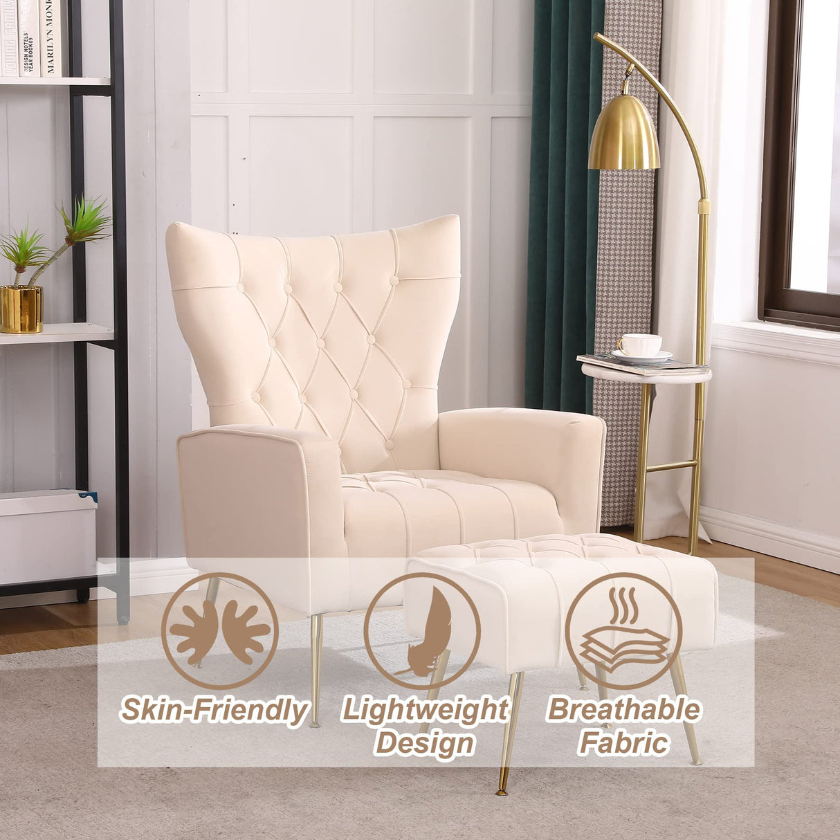 Ottoman Set of 2, Comfy Chair and Ottoman Set, Upholstered Tufted Lounge Chair with Wide Seat Footrest, Reading Armchair for Living Room Bedroom, Beige,Velvet