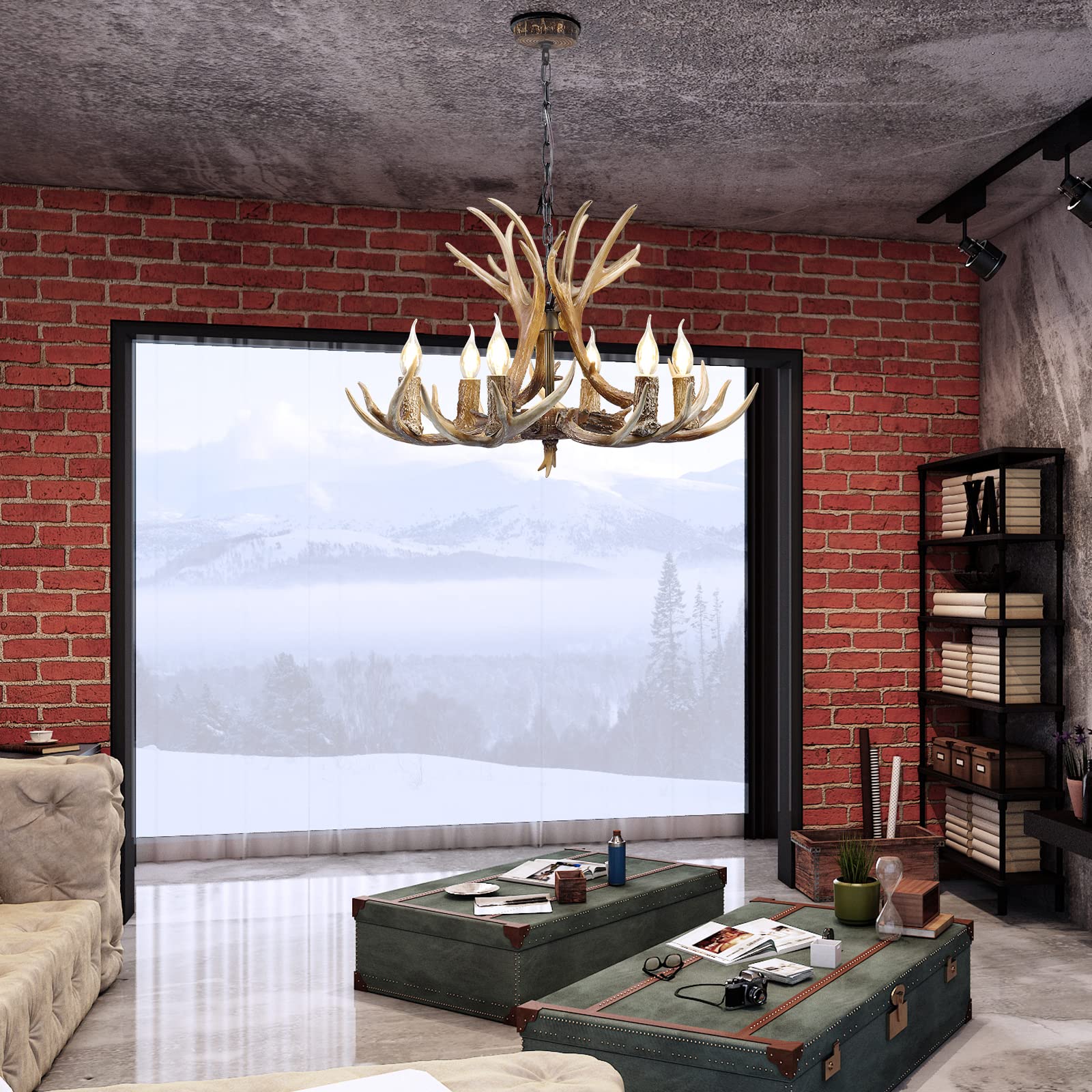 HUITICO Rustic Antler Chandelier Lighting, 6 Light Resin Deer Antler Chandelier Vintage Style for Living Room Dining Room Bedroom Retro Deer Horn Cabin Light