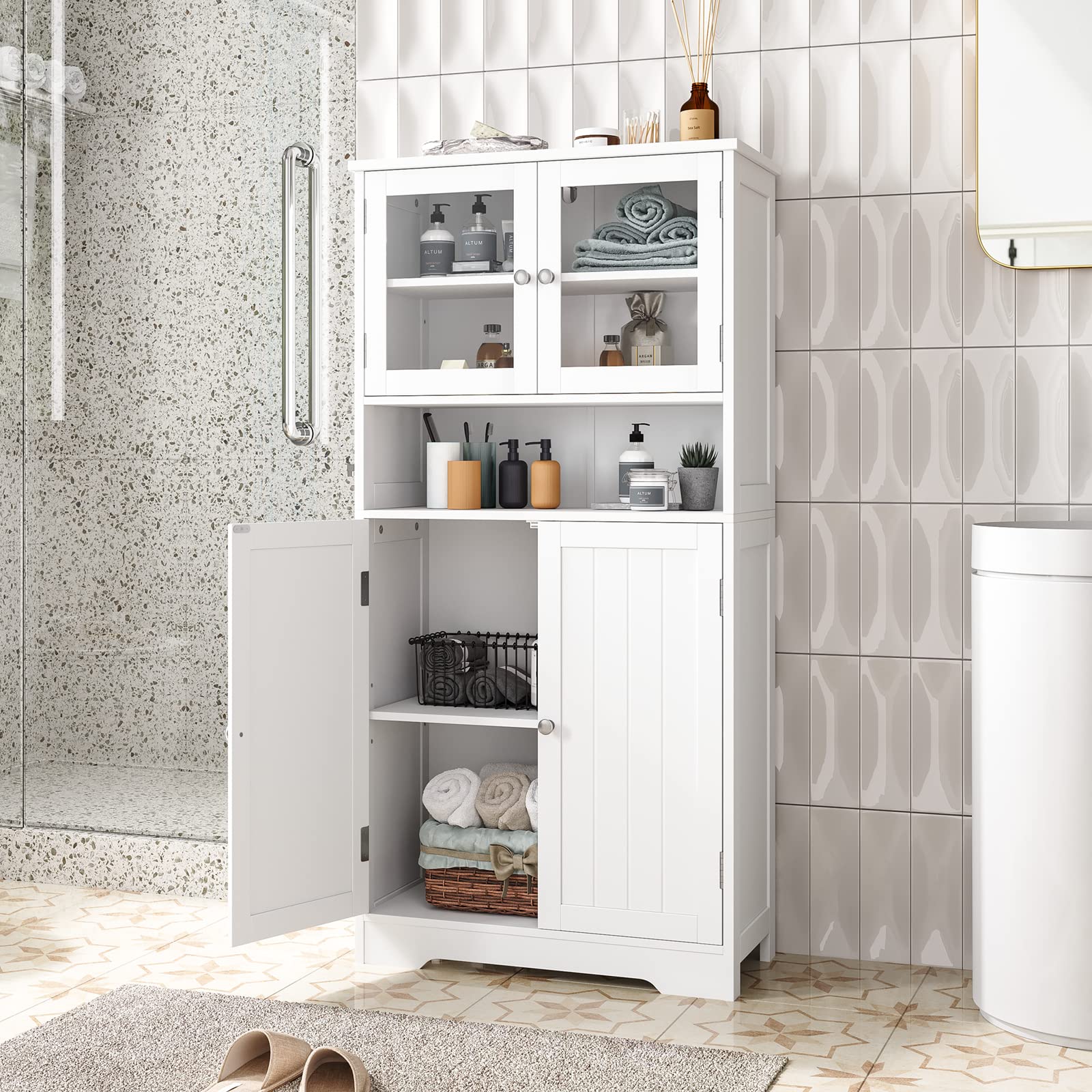 Bathroom Cabinet with Open Shelf, Large Pantry Cabinet with Doors