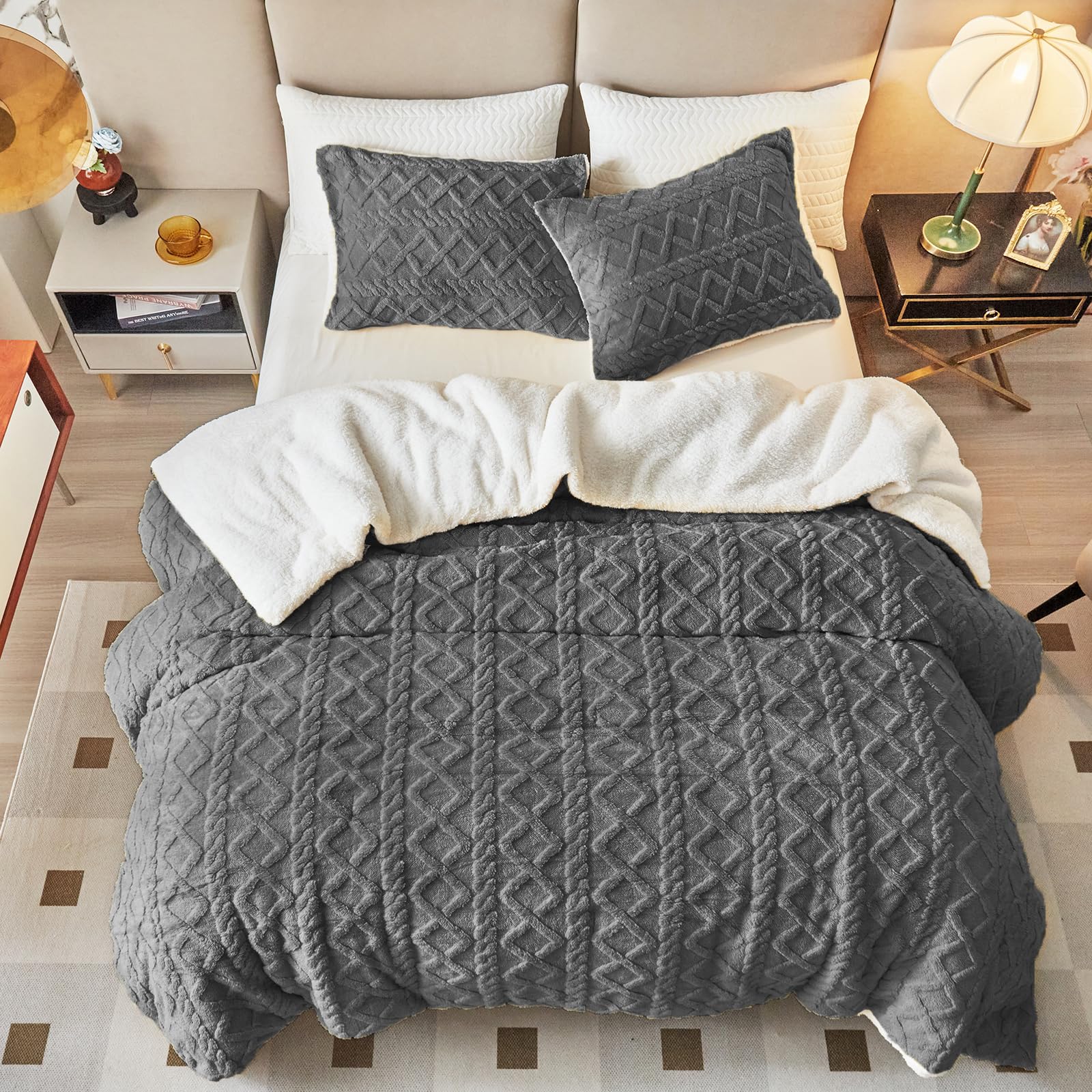 3-Piece Fluffy Faux Fur Sherpa Comforter Set Gray, King Size Luxury Tufted Bedding