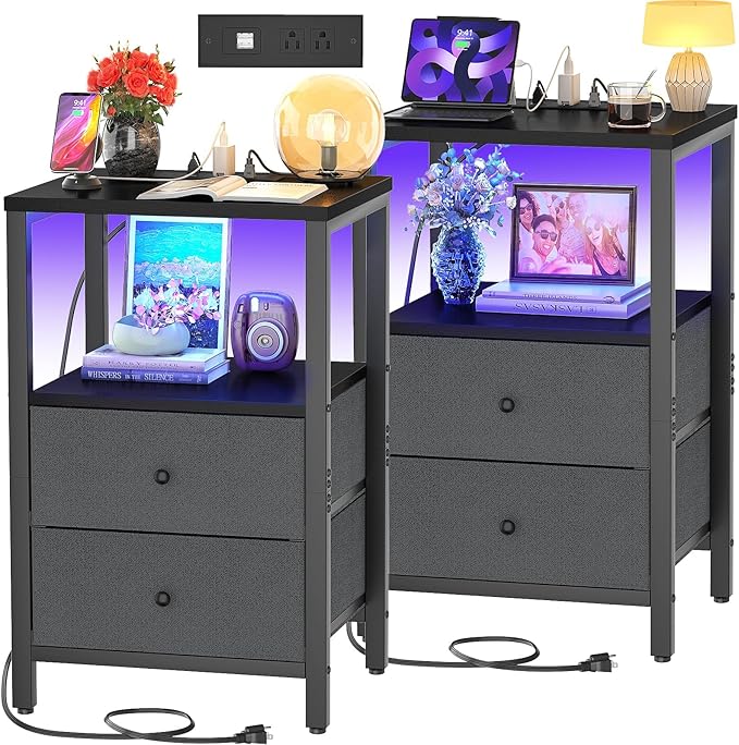 NightStands Set of 2 with LED Lights, Night Stand