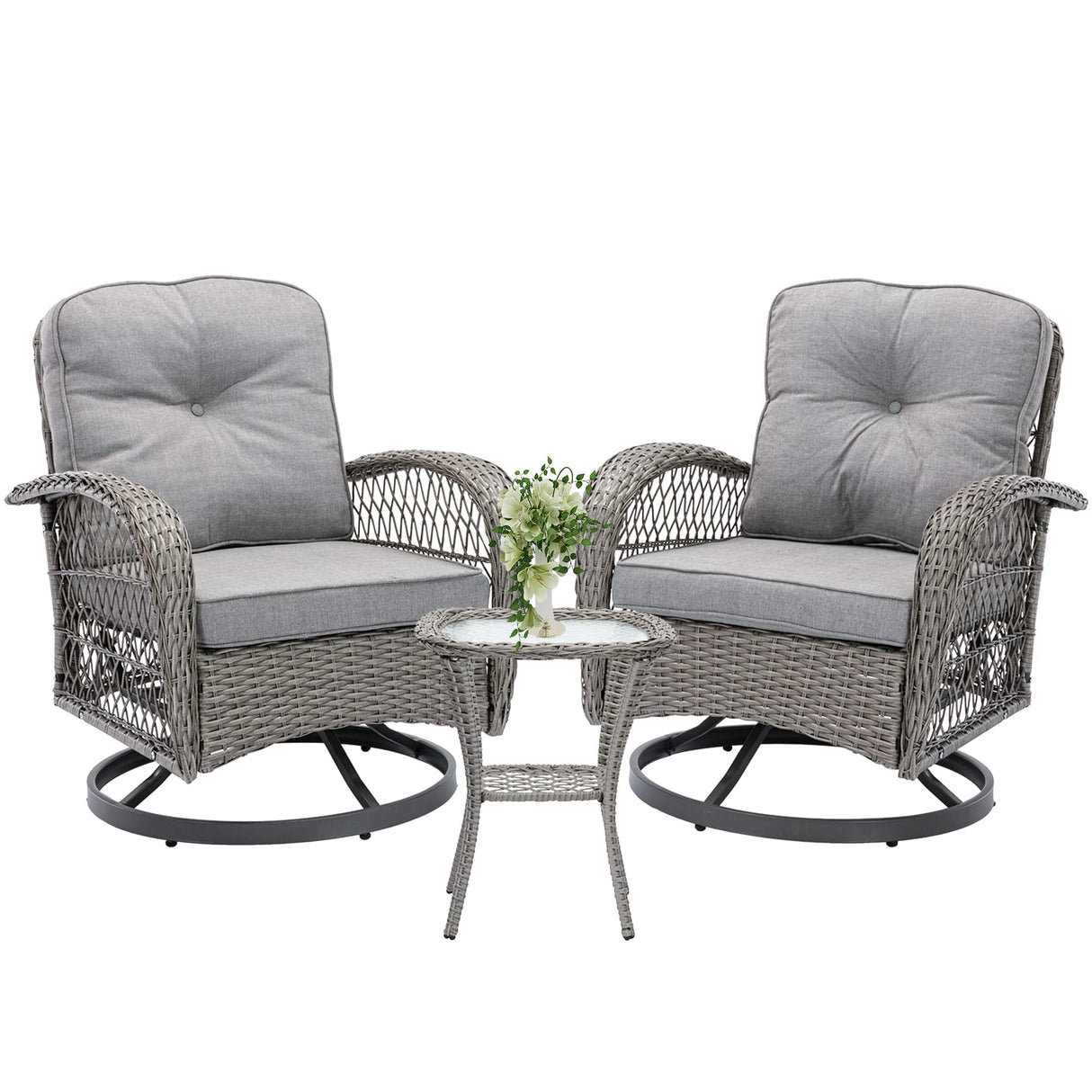 3-Piece Swivel Patio Bistro Set - 360° Rattan Wicker Rocker Chairs with Cushions