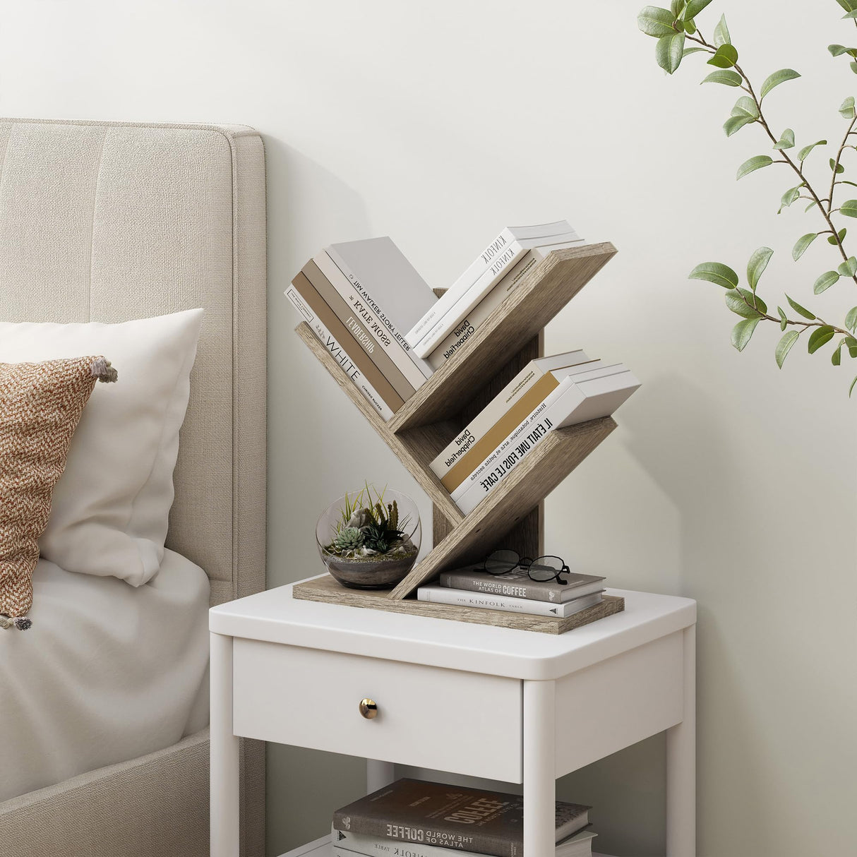 Tajsoon 3 Tier Tree Bookshelf, Small Bookshelf, Desktop Bookshelf Floor Standing Bookcase Display for CDs/Magazine/Books, Book Organizer Shelves for Bedroom, Living Room, Office, Greige