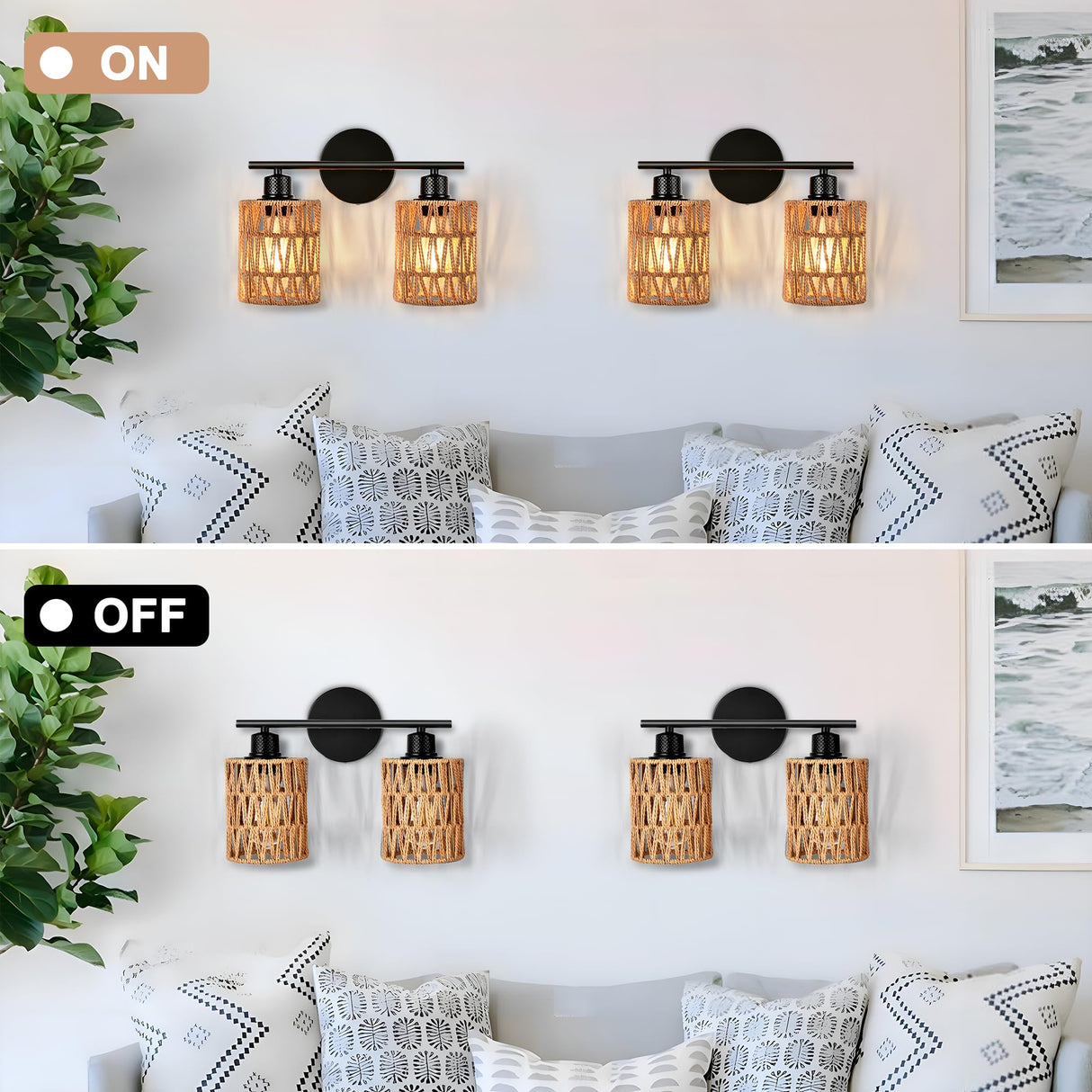 2 Light Rattan Vanity Light Boho Vanity Lighting Fixture Woven Bathroom Vanity Wall Light