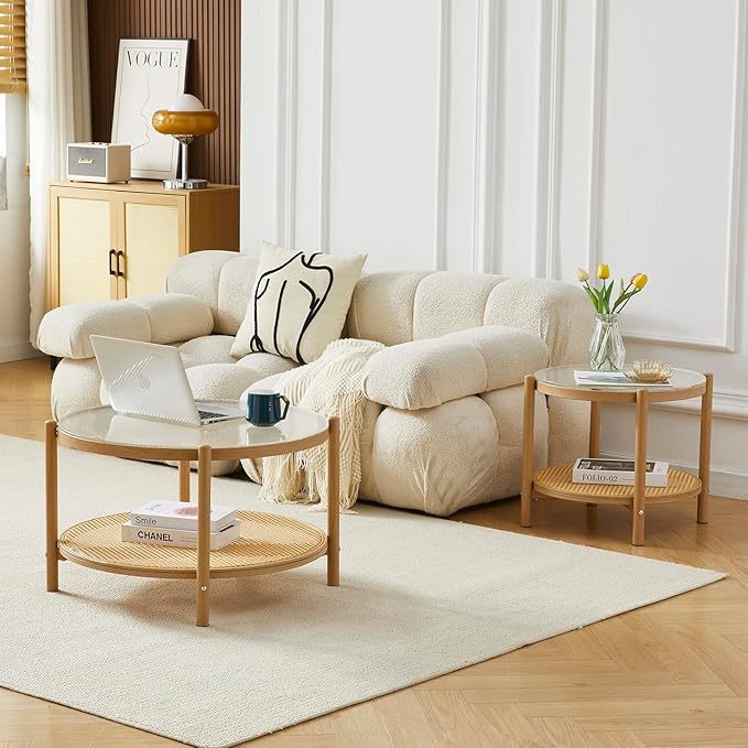 19.6" Boho Rattan Coffee Table, Round Glass Metal End Table