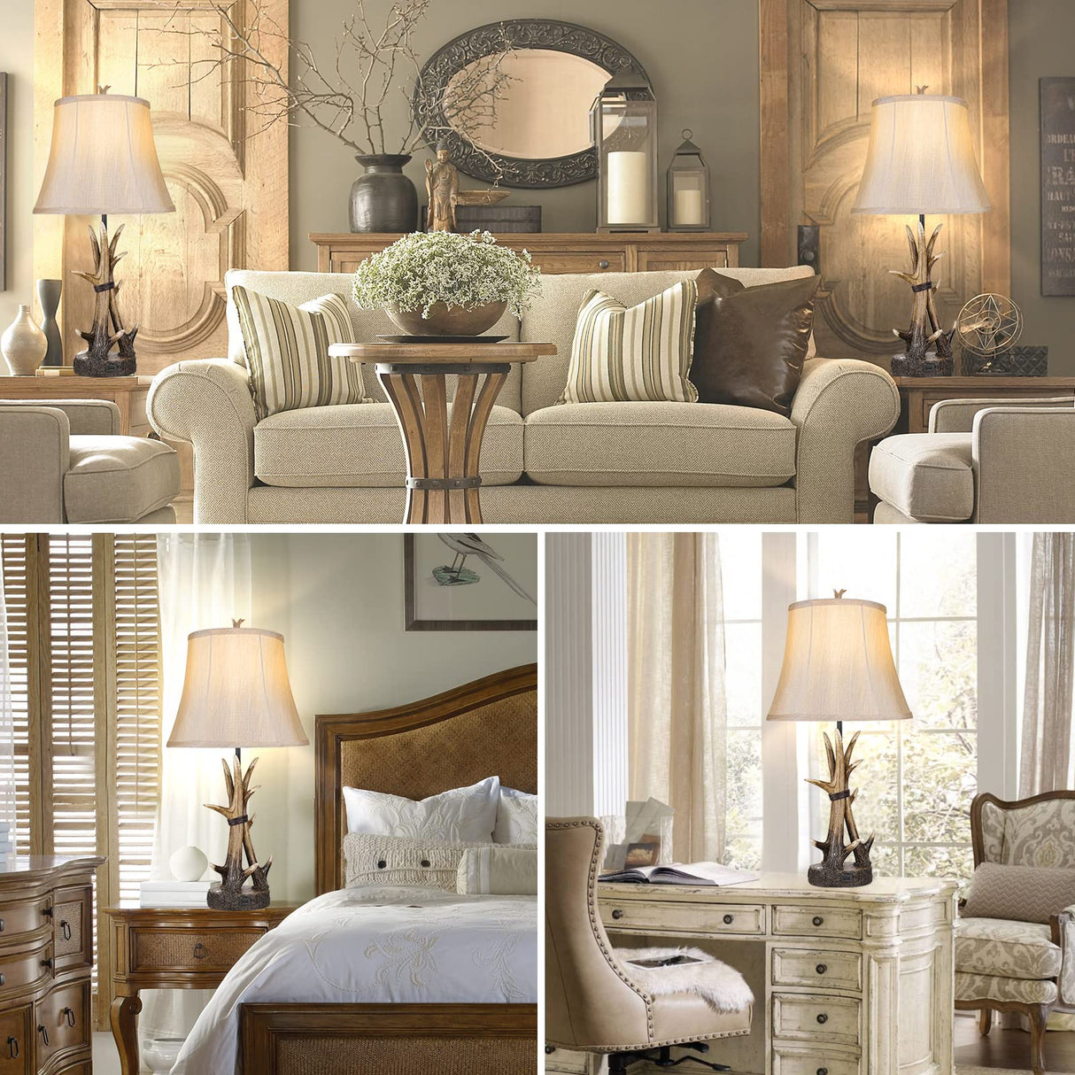 Rustic Antler Table Lamps Set of 2 with USB Charging Ports